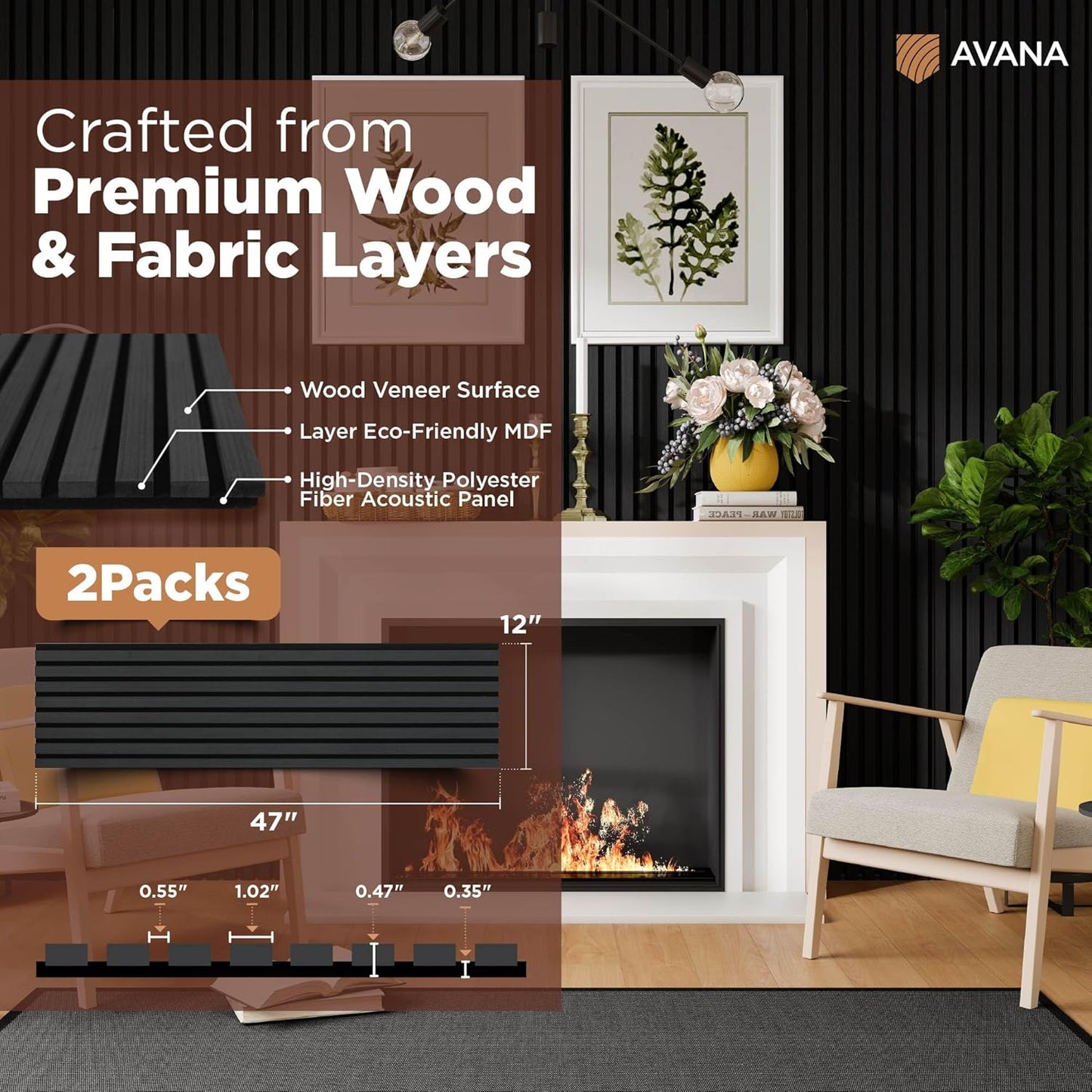Avana Acoustic Wood Wall Panels – 47.2 X 12.6 Inch Black Oak Acoustic Panels 2 PCs – Modern Wall Panels For Interior Wall Decor For Homes, Offices, Studios – Sturdy And Durable Wood Panels For Wall