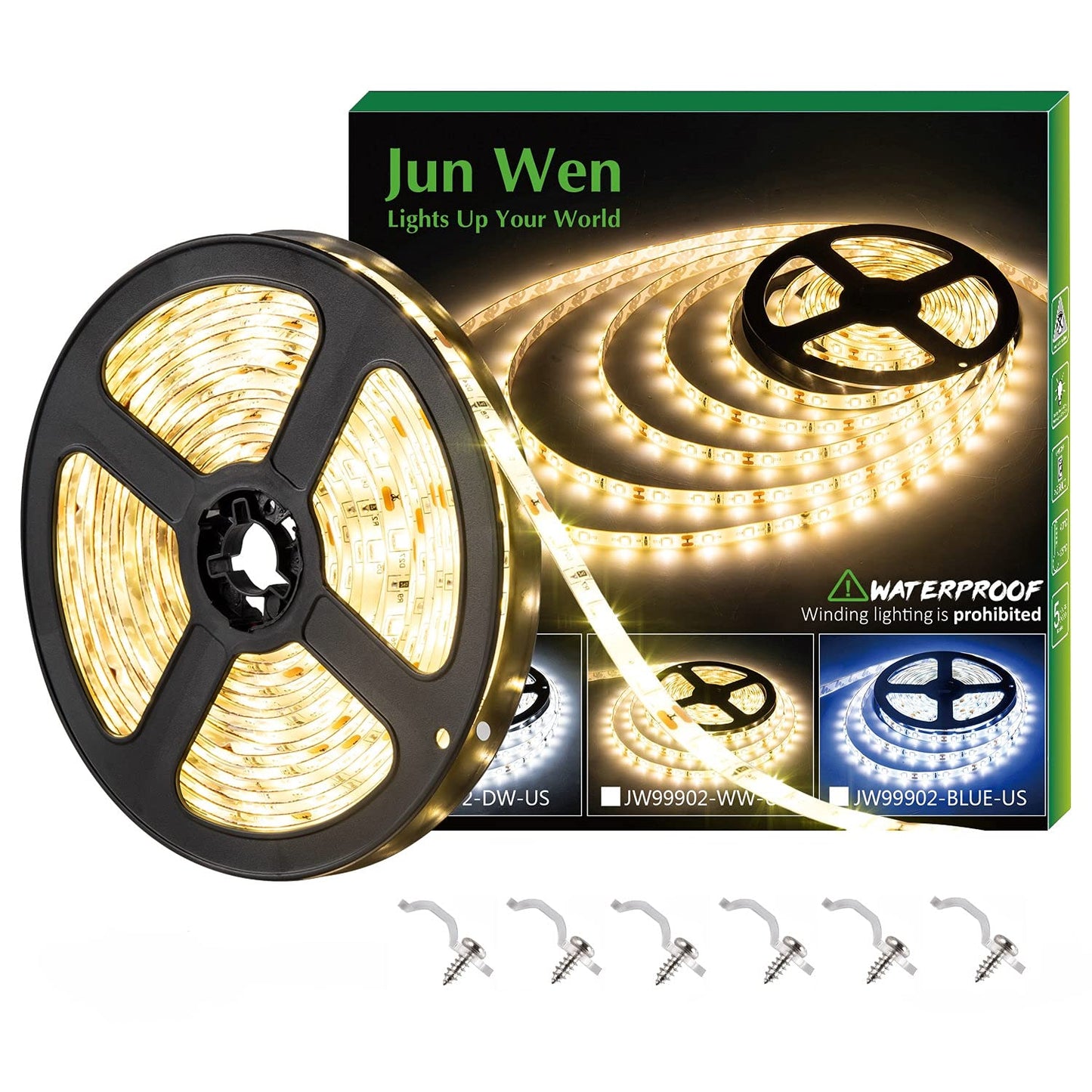 JUNWEN 16.4ft Warm White LED Strip Lights, Waterproof Flexible Indoor/Outdoor Lighting, Cuttable SMD2835, Plug-in