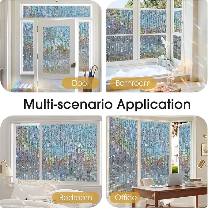 Windimiley Rainbow Window Privacy Film, 3D Stained Glass Christmas Decorative Window Clings, UV Heat Blocking Holographic Prism Stickers for Home (23.6 x 78.5In,Brown)