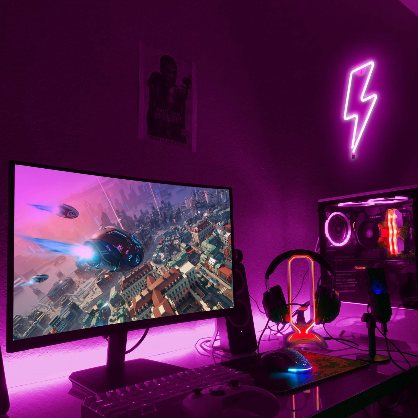 Lumoonosity Neon Lightning Bolt Sign, USB Powered LED Light, On/Off Switch, Pink, Model NSLIGHTNING PINK, Wall Decor for Bedroom, Gaming Room