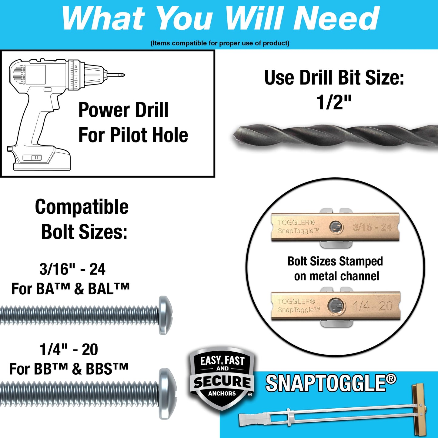 TOGGLER SNAPTOGGLE Heavy-Duty Drywall Toggle Bolt – 3/16"-24 UNC Zinc-Plated Anchor for Hollow Walls, Plaster & Tile – Holds 238 lbs in 1/2" Drywall, Easy Install – 50 Pack (W/O Bolts)