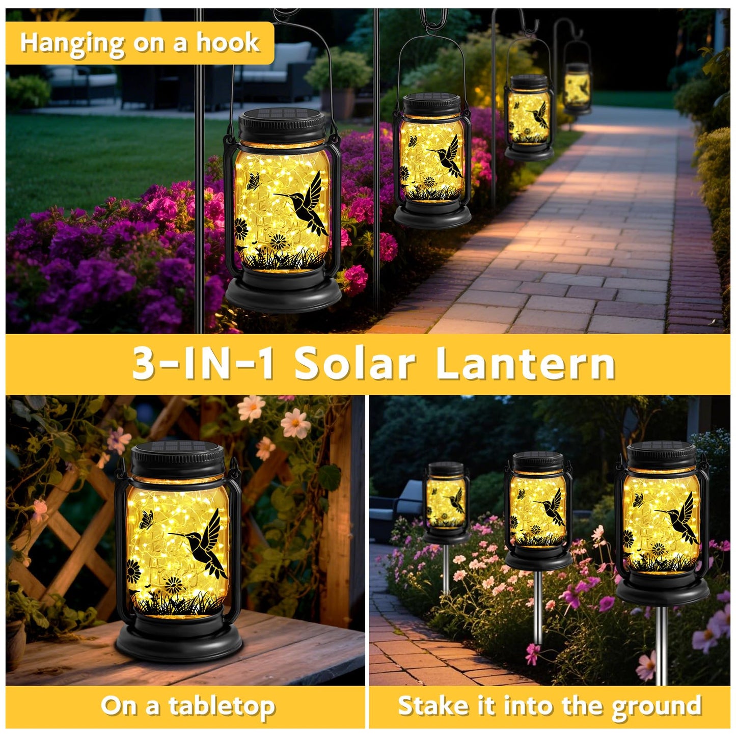 ANGMLN Hummingbird Solar Lanterns 3-in-1 Waterproof Garden Decor Lights, Glass, 2 Pack, Model FG-61