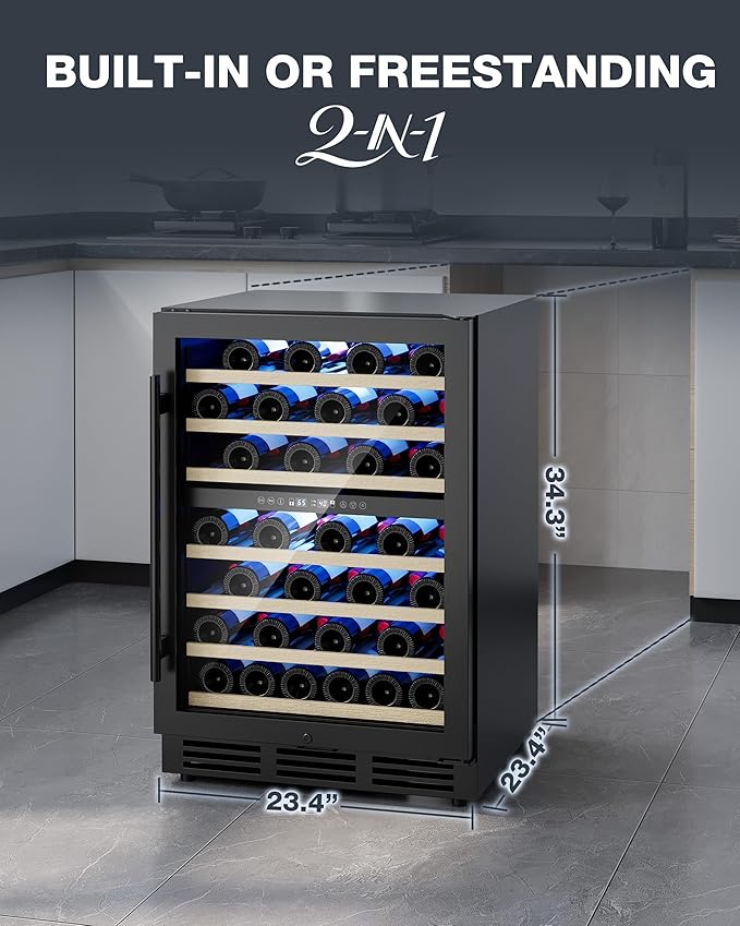 24 Inch Dual Zone Wine Refrigerator, 54 Bottle Under Counter Wine Fridge for Built-in or Freestanding, Wine Cooler with Glass Door, Removable Shelves for Home, Office (Blcak)