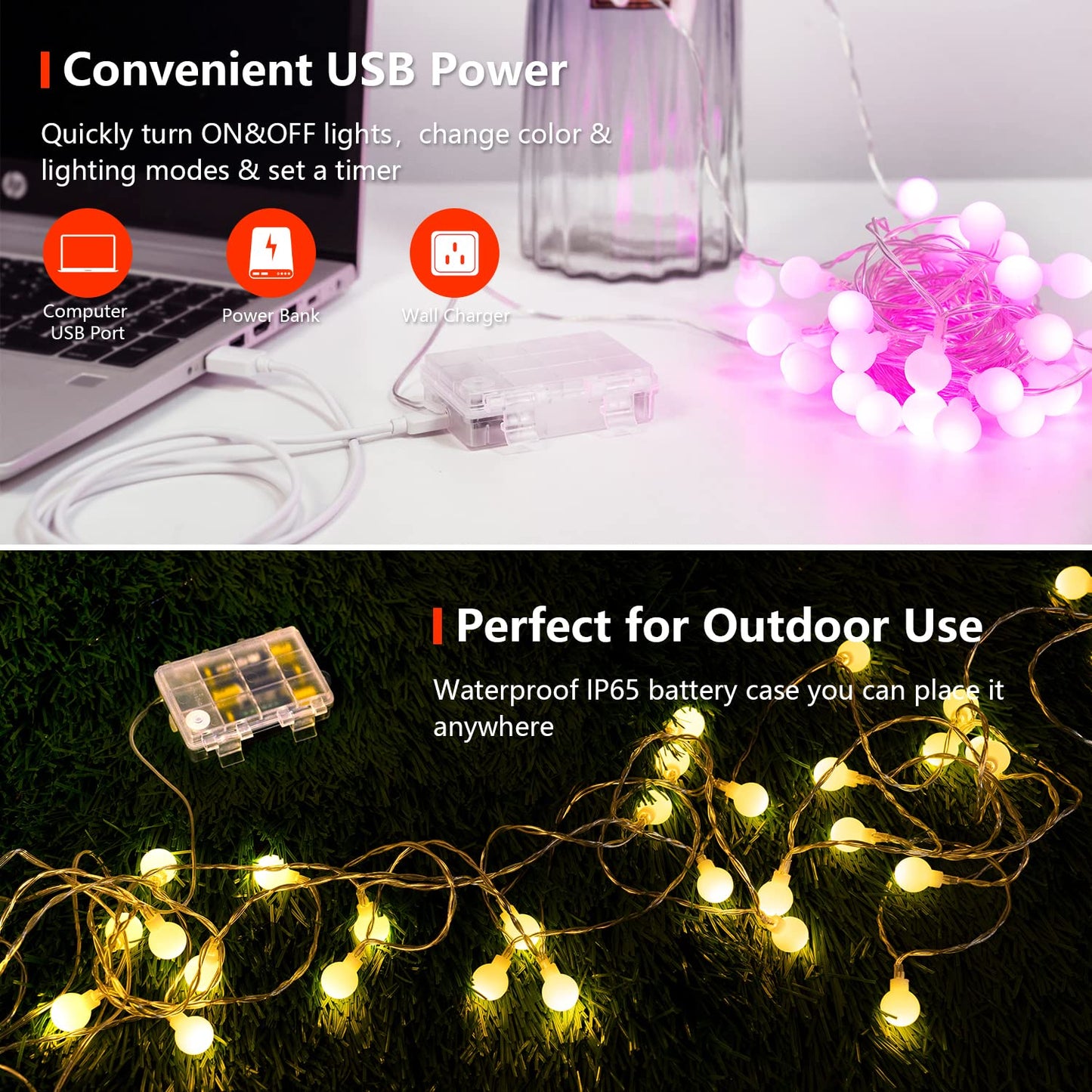 OMIKA Globe String Lights, 60 LED, 33 FT, Battery & USB Powered, 18 Colors + Warm White, Plastic, Model BG-QCTB-BO-14