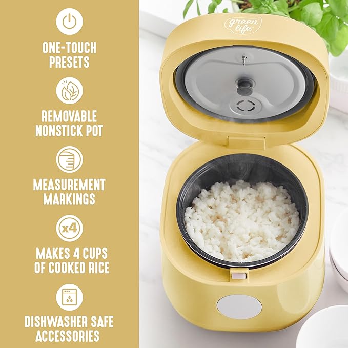 GreenLife Digital Rice Cooker, 2-Cups Uncooked/4-Cups Cooked, Removable Nonstick Ceramic PFAS-Free Pot, One-Touch Presets, Oats, Quinoa, Brown Rice, Auto Keep Warm, Fuzzy Logic Tech, 1.5QT, Butter Yellow