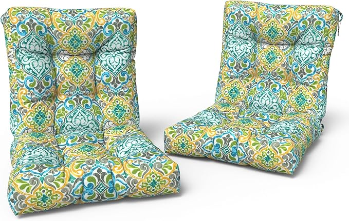 LVTXIII Outdoor Tufted Low Back Cushions, Solid Fluffy Seat and Back Chair Cushion with Ties, Patio Replacement Rocking Chair Cushion for Outdoor Furniture Use, 21 W x 21D, 2 Pack, Damask Green