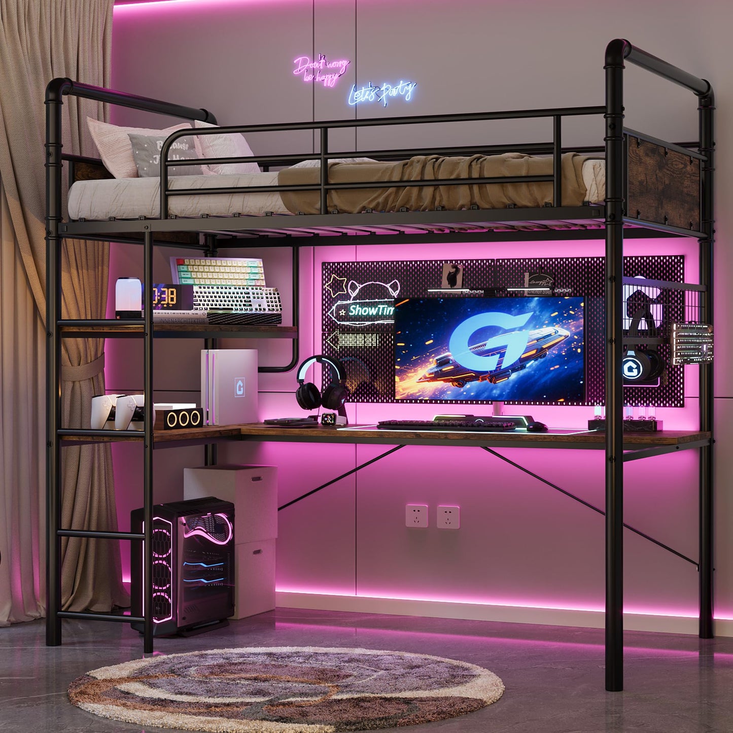 IDEALHOUSE Loft Bed Twin Size with l-Shaped Desk, Metal Bunk Bed with 2 Open Shelves and Decorative Mesh, Twin Loft Bed with 13.4" h Safety Guard & Ladder,No Box Spring Needed,Brown