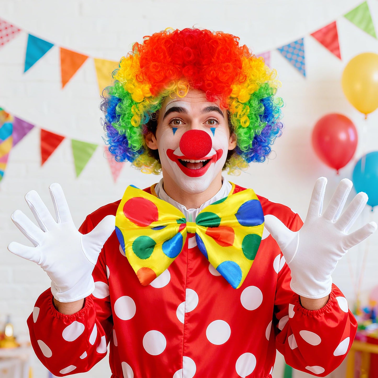 jiebor Clown Costume Set Clown Rainbow Wig Nose Bow Tie White Gloves Accessories for Parties Carnivals Pretend Play Women Men Adults