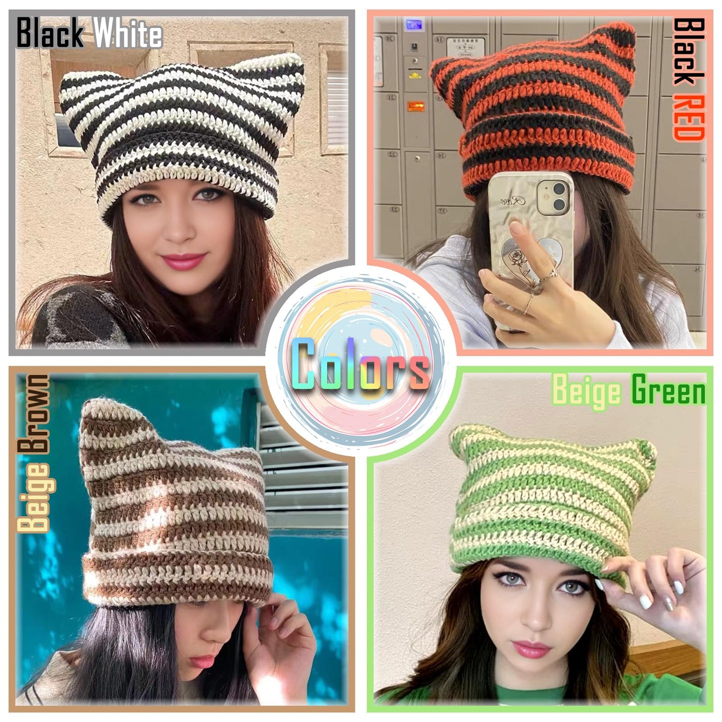 Y2K Beanie for Women Crochet Hat with Cat Ear Cute Fox Hat Vintage Grunge Accessories Knit Cap Slouchy Beanie Green