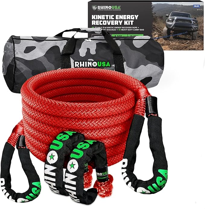 Rhino USA Kinetic Rope Recovery Kit (7/8in x 30ft) - Heavy Duty Offroad Snatch Strap - Includes 2 Soft Shackle for UTV, AT...