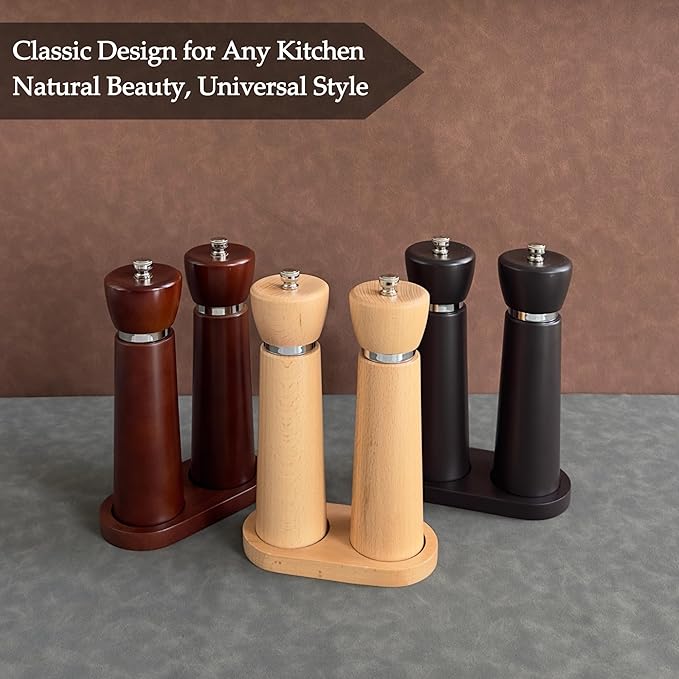 Wooden Salt and Pepper Grinder Set – Refillable Salt and Pepper Mill with Adjustable Upgraded Large Size Ceramic Burr – Manual Pepper Grinder with Acacia Wood Body – 8.3” Tall
