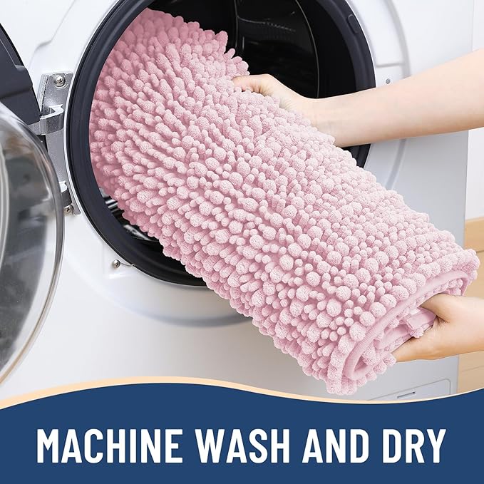 Arotive Luxury Chenille Bathroom Rug Mat, Extra Soft Thick Absorbent Shaggy Bath Rugs, Non-Slip Machine Wash Dry, Plush Bath Mats for Bathroom, Shower and Tub, 30x17, Pink