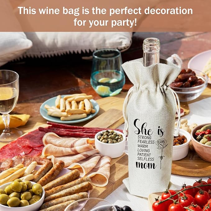 bxtala Mom Wine Gift Bags, Gift for Mother Mama Mother-in-law, 1 pcs Reusable Burlap Drawstring Wine Gift Bags for Wine Bottles, Mother's Day Holiday Party Favor -18