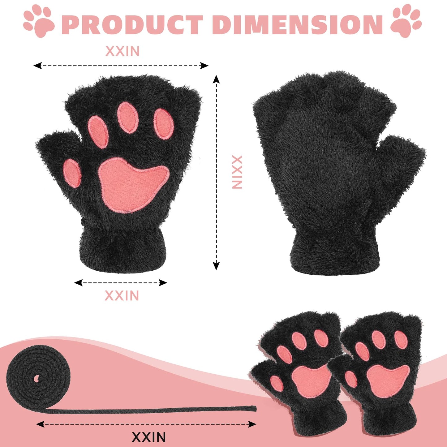 Himine Cat Claw Bear Paw Fingerless Winter Plush Gloves 1*Pair(Black)