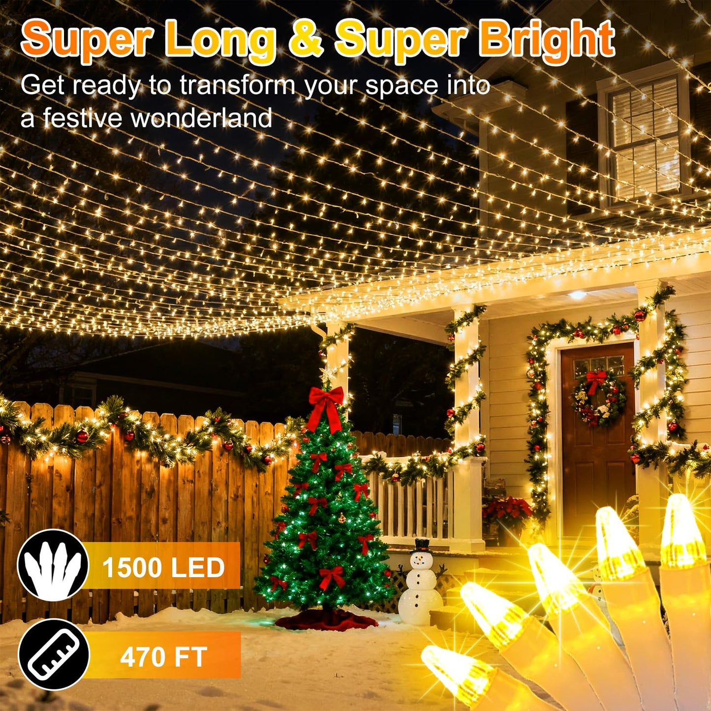 1500 Led 470Ft Christmas String Lights  12 Modes And Timer Memory Dimmable  Plug In Outdoor Waterproof Clear Wire Twinkle Fairy Light For For Xmas Yard Tree Wedding Party Outside Decor (Warm White)