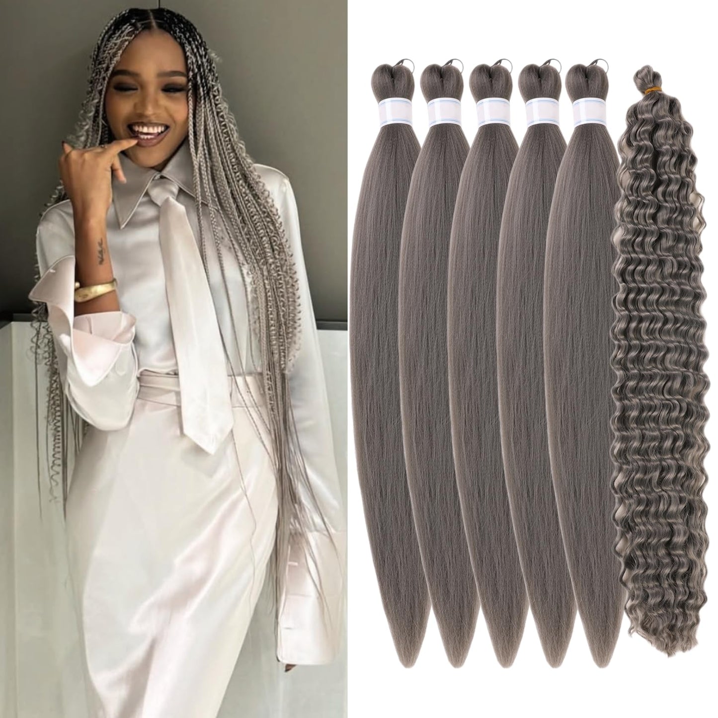 Dark Grey Braiding Hair Pre Stretched Knotless Braiding Hair for Boho Braids(6 Packs)