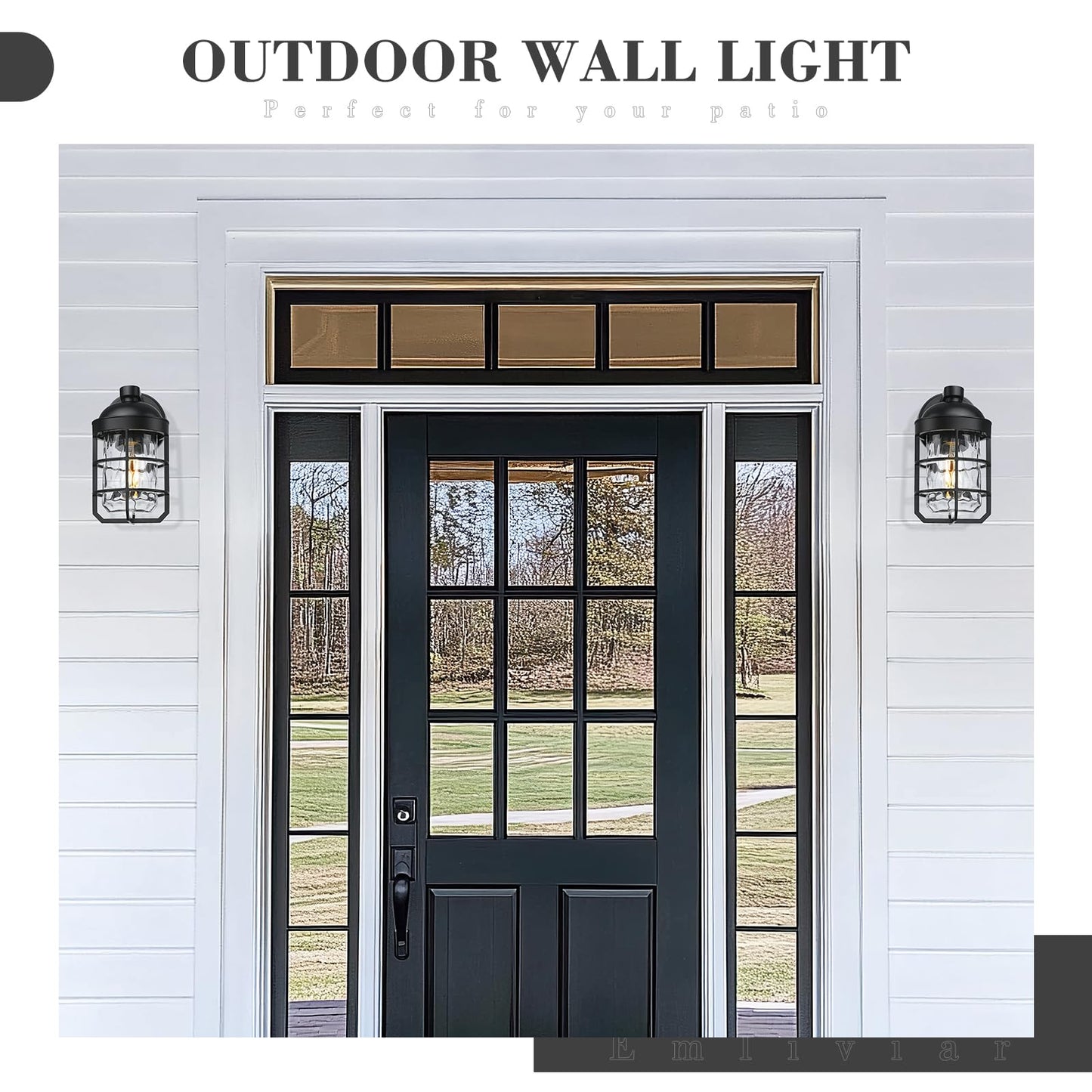 Emliviar 1-Light Porch Wall Lantern With Metal Cage  Outdoor Sconce Wall Mounted Lighting With Water Ripple Glass  Matte Black Finish  Ge255Bl Bk-Wg