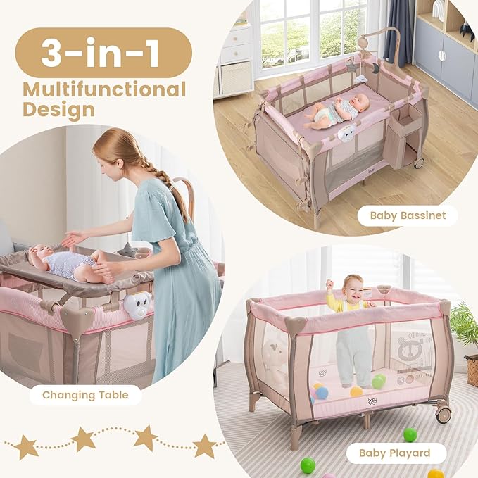 Costzon 3 in 1 Pink Pack and Play with Bassinet, Portable Baby Playard with Changing Table, Music Box, Whirling Toys, Wheels/Brake, Basket, Bag, Foldable Infant Pink Bassinet for Baby Girl Toddlers