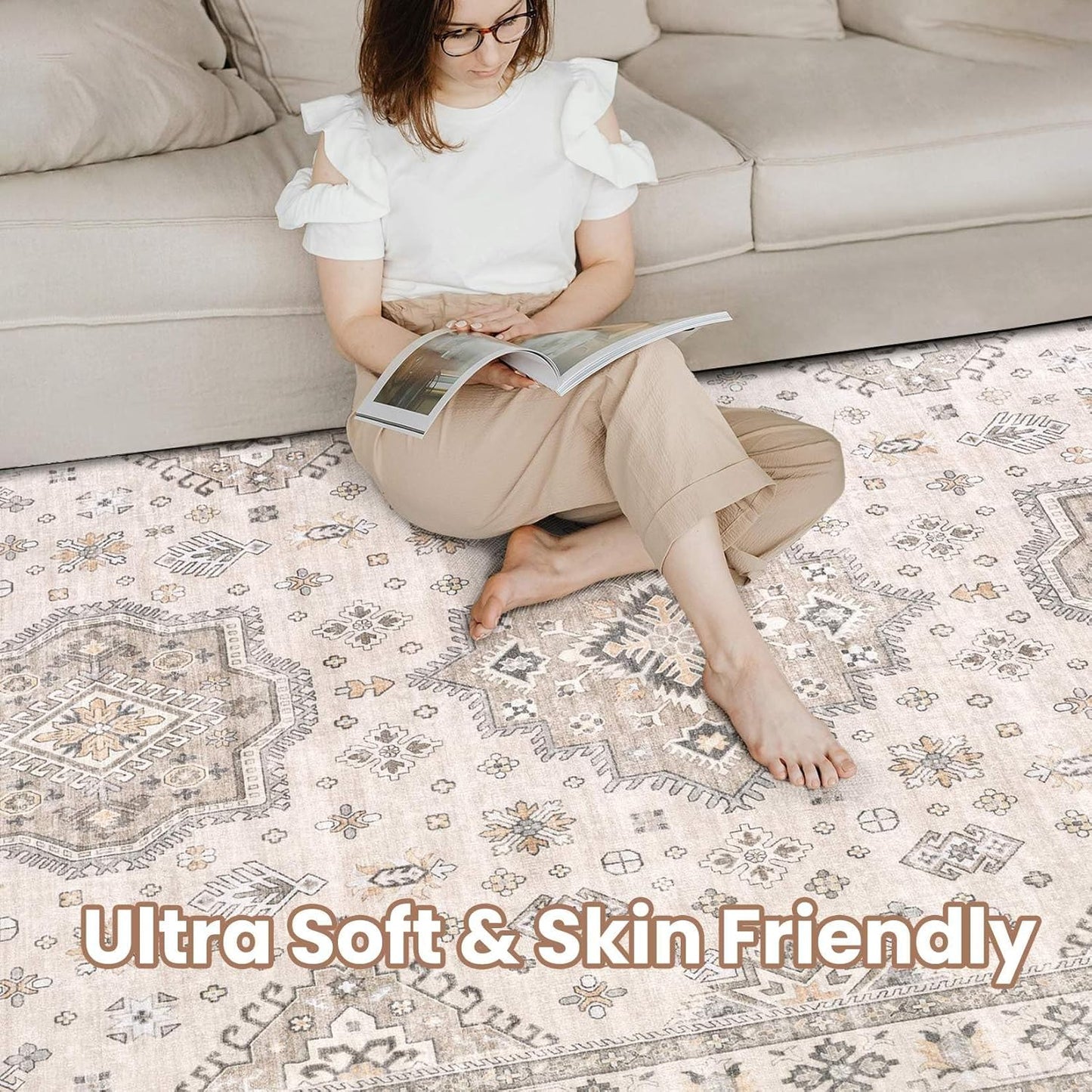 Washable Area Rugs for Living Room -10x13 Neutral Vintage Distressed Floral Farmhouse Boho Large Soft Floor Rug Indoor Non Slip Carpet for Living Room Bedroom Dining Room Office-Beige Brown