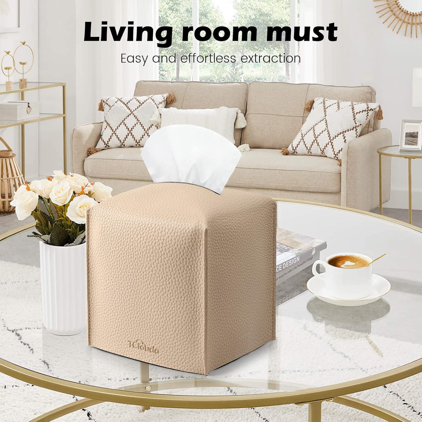 Tissue Box Cover, Tclouda, Modern PU Leather Square Tissue Box Holder for Creative Decorative, 2 Pack, Ideal for Bathrooms/Office/Car/Nightstand/Outdoor Tent/Dining Table, 5"X5"X5", Double Beige
