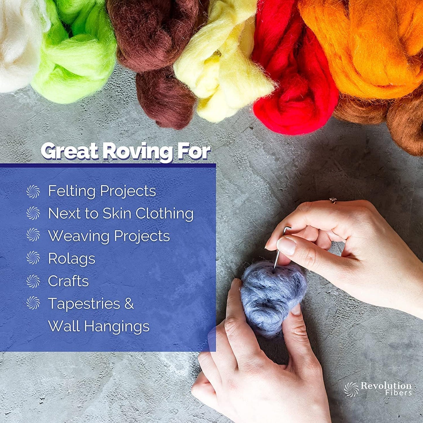 Revolution Fibers Merino Wool Roving | Premium Combed Wool Top | 22 Micron, Perfect for Felting Projects, Spinning, Wall Hangings and Tapestry (Lightning)