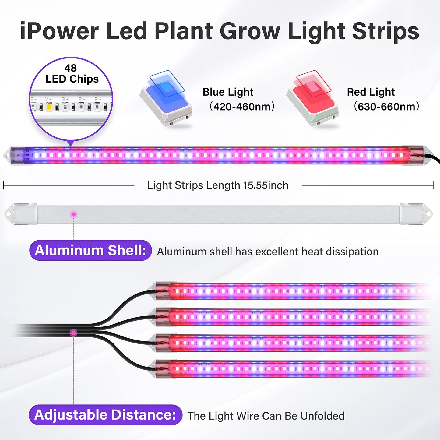 Ipower 20W Led Plant Grow Light Strips, Full Spectrum, Auto On/Off Timer, 4 Tubes, Red & Blue, Ideal For Indoor Hydroponics And Succulents