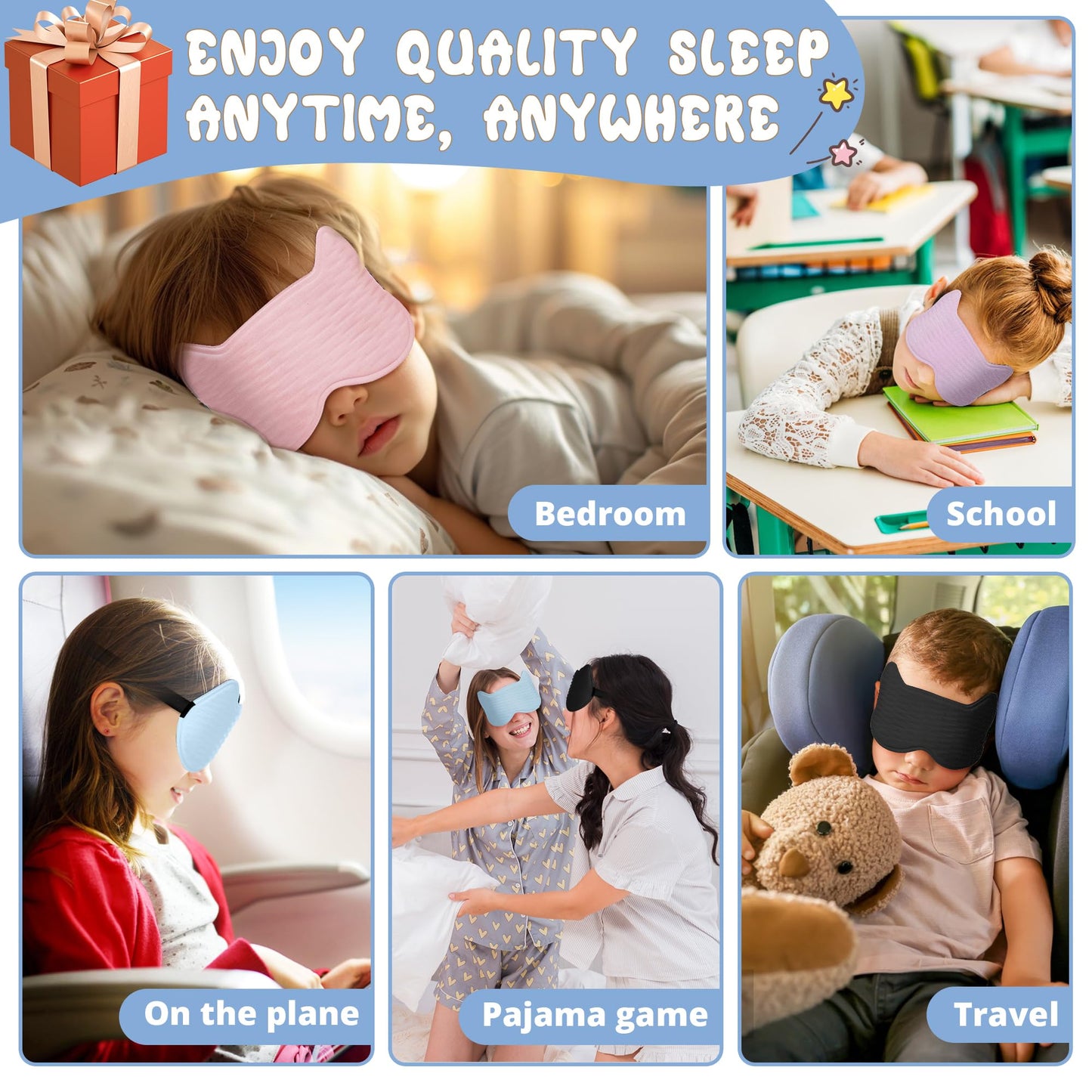Kids Sleep Mask Eye Mask: 3D Contoured Cup Sleeping Masks, Blindfold with Adjustable Strap, Kids Eye Cover for Boys, Girls, Teens, Pressure-Free with Memory Foam Face Mask for Sleeping (Royal Blue)