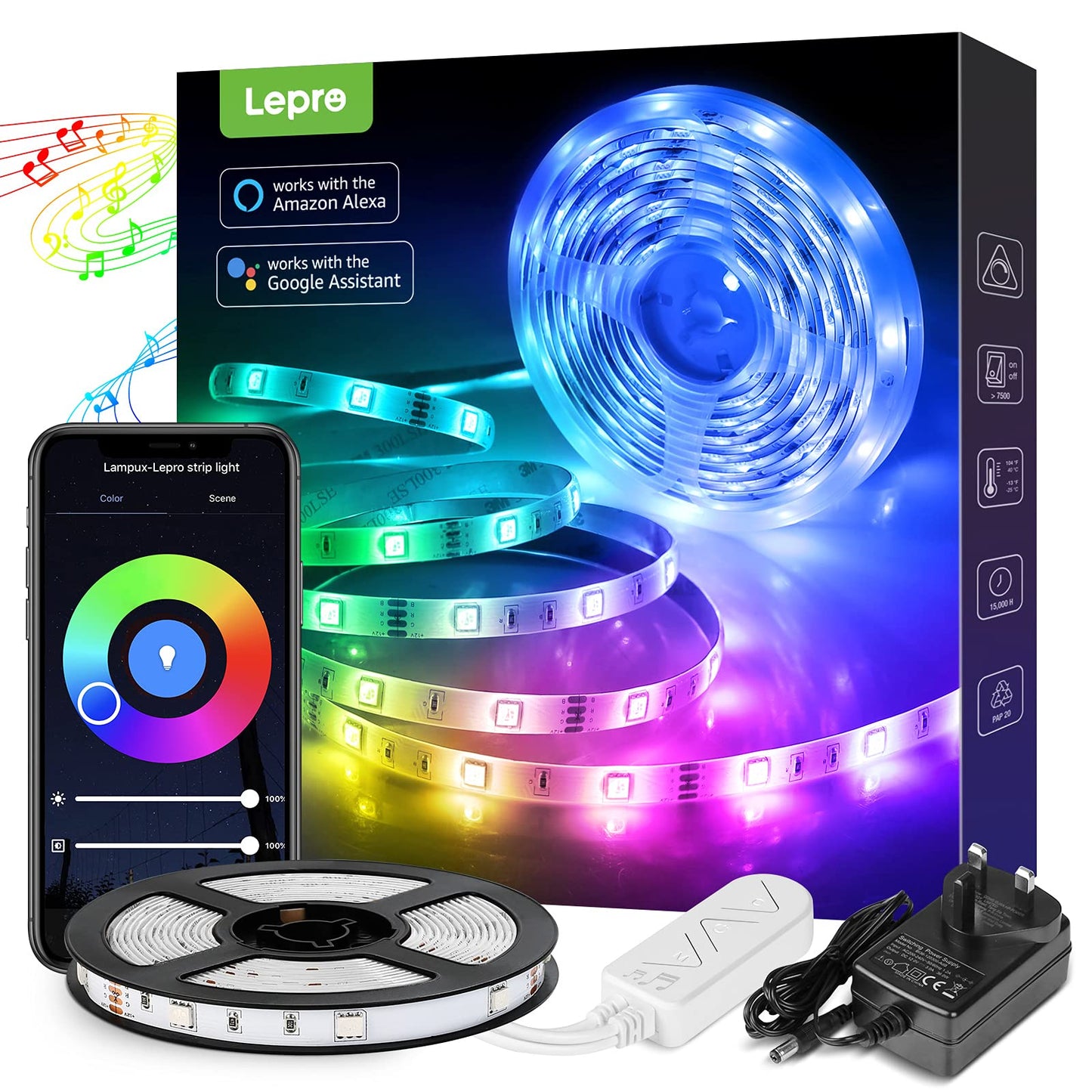 Lepro LED Strip Lights 16.4ft, Smart Color Changing RGB with App Control, Music Sync, Multicolor, Model PR904118-RGB-US