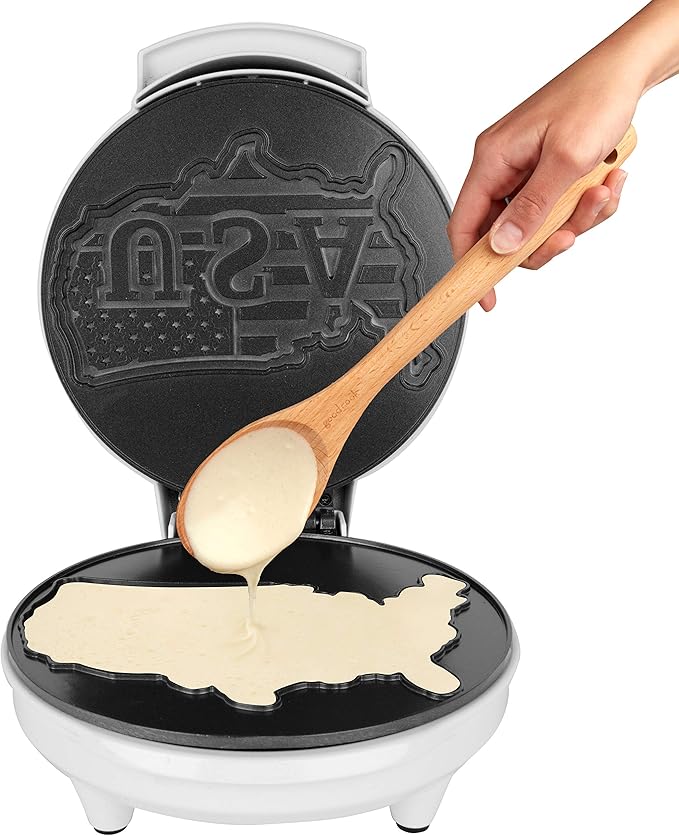 Great American USA Waffle Maker- Giant 7.5" Patriotic Waffles or Pancakes - Electric Nonstick Waffler Iron - America Spirit Party, Breakfast Griddle Baker Supplies with Recipe Guide- Novelty Xmas Gift