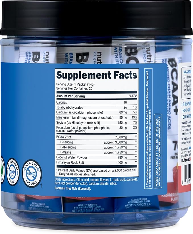 Nutricost BCAA+ Hydration Raspberry Lemonade (20 Stickpacks) - Branched Chain Amino Acids with Hydration Complex - Gluten-Free, Non-GMO