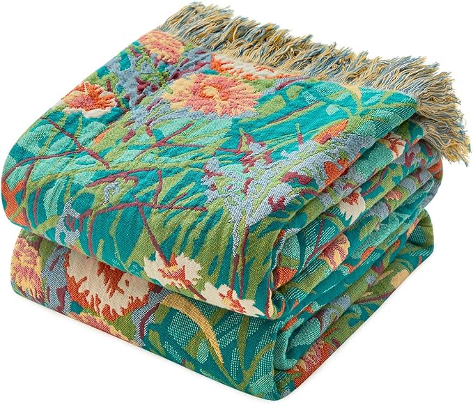 MSGKV Boho Throw Blanket 60"x80" Floral Blankets for Bed 100% Cotton Twin Size Couch Blanket Lightweight Farmhouse Muslin Breathable Home Decor All Seasons
