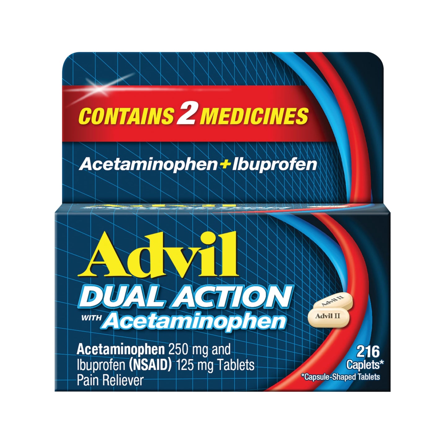 Advil Dual Action Coated Caplets, 125 Mg Ibuprofen and 250 Mg Acetaminophen per Dose (2 Dose Equivalent) for 8 Hour Pain Relief - 216 Count