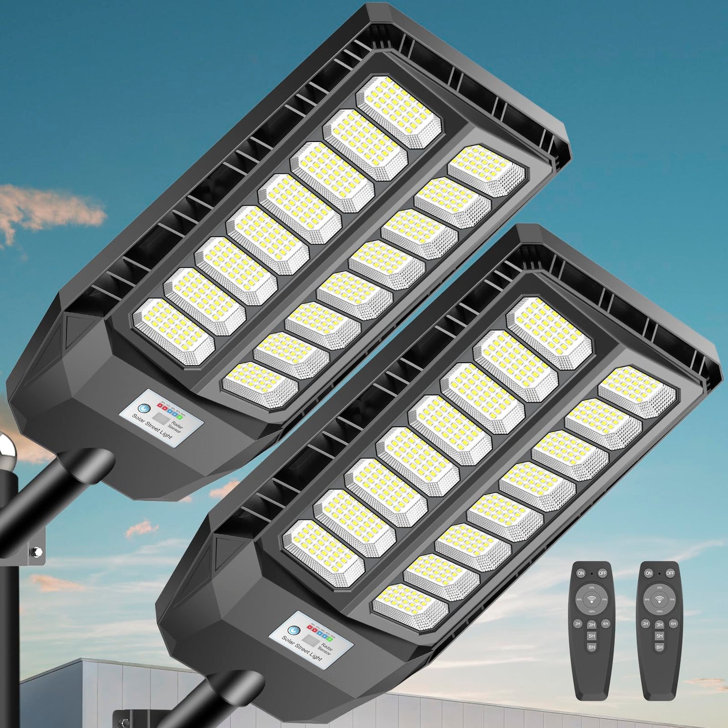 VOOJOY Solar Street Lights Outdoor, 8000W Dusk to Dawn, Waterproof, Motion Sensor, Remote Control, 6500K, Black, 2 Pack, Model GSTJ1600