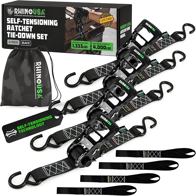 Rhino USA Self Tensioning Ratchet Tie Down Straps (4PK 1.6INX15FT)- Heavy Duty Patented Cargo Strap Keeps Tension When You...