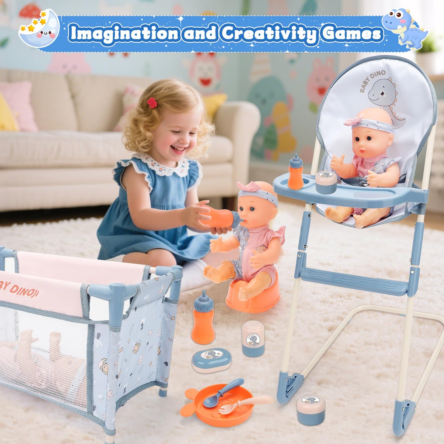deAO Baby Doll Stroller Set 12" Baby Doll with Accessories Crib Bed High Chair, Nursery Role Play Set Toys Storage Bag,Foldable Storller, Pretend Play Birthday Gifts for Toddler Girls Boys