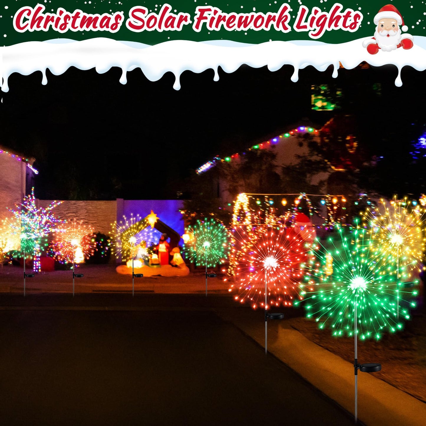 Tujoe 3 Pcs Mardi Gras Solar Firework Lights Solar Lights Outdoor Garden 120 LED 8 Modes Waterproof LED Sparkler Outdoor for Carnival Patio Yard Pathway Walkway (Red,Yellow,Green)