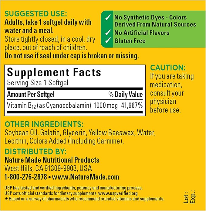 Nature Made Vitamin B12 1000 mcg, Dietary Supplement for Energy Metabolism Support, 90 Softgels, 90 Day Supply