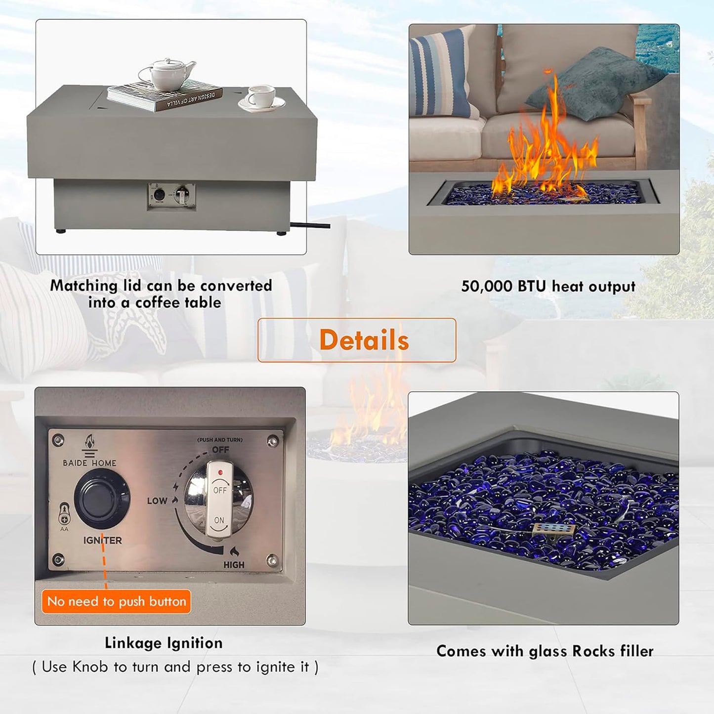 32.5-inch Fire Table with Natural Gas Conversion Kit, 50,000BTU Outdoor Modern Patio Fire Pit Table w/Square Burner Lid, Glass Rocks, Cover