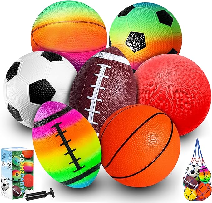 COAMZPARTY 8.5 Inch Sports Balls Set 7 Pack,Playground Balls for Kids&Adults, Includes Soccer Ball, Basketball, and Footba...