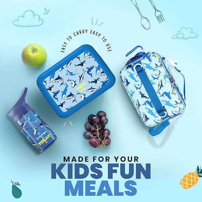 YOLAY Bento Box for Kids Lunch Box Leak-Proof, 5-Compartment Lunch Box Kids for Ages 3-10, Durable with Anti-Slip Base, Suitable for Schools, Outdoor and Travel (Mermaid) (Shark)