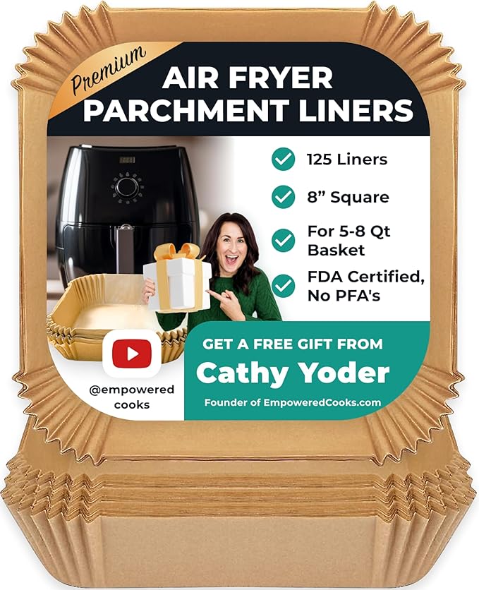 Cathy Yoder's AirFryer Paper Liners, 125 PCS 8-inch Square Air Fryer Liners Disposable, Premium, Food-Grade Easy Cleanup Air Fryer Parchment Paper Sheets, Airfryer Liner for 5-8QT, Baking & Roasting