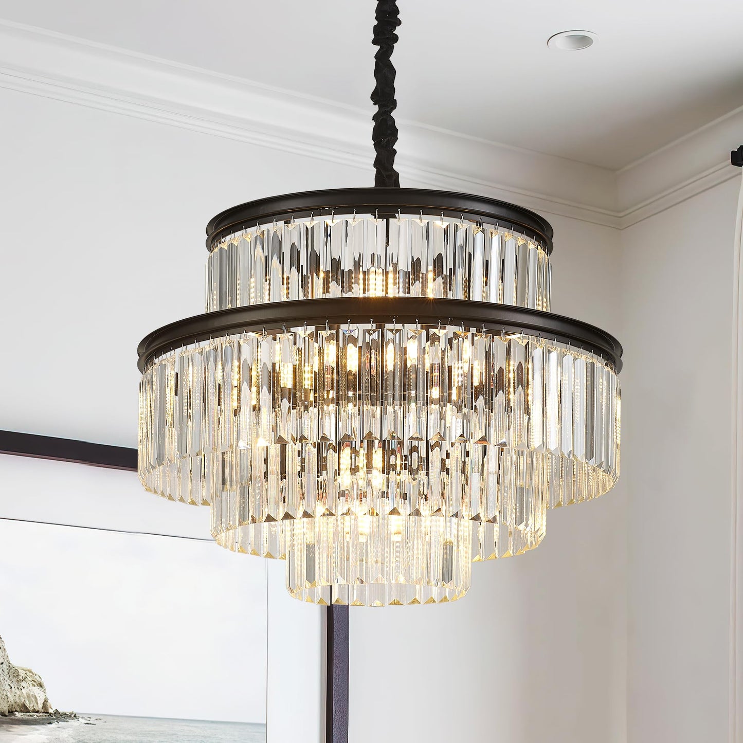 Brfaixla 21.6 14-Light Modern Crystal Chandelier Light Fixtures 4-Tier Black stylish Chandeliers For Dining Room Round Hanging Pendant Lighting For Living Room Kitchen Entryway Bedroom Foyer Hallway