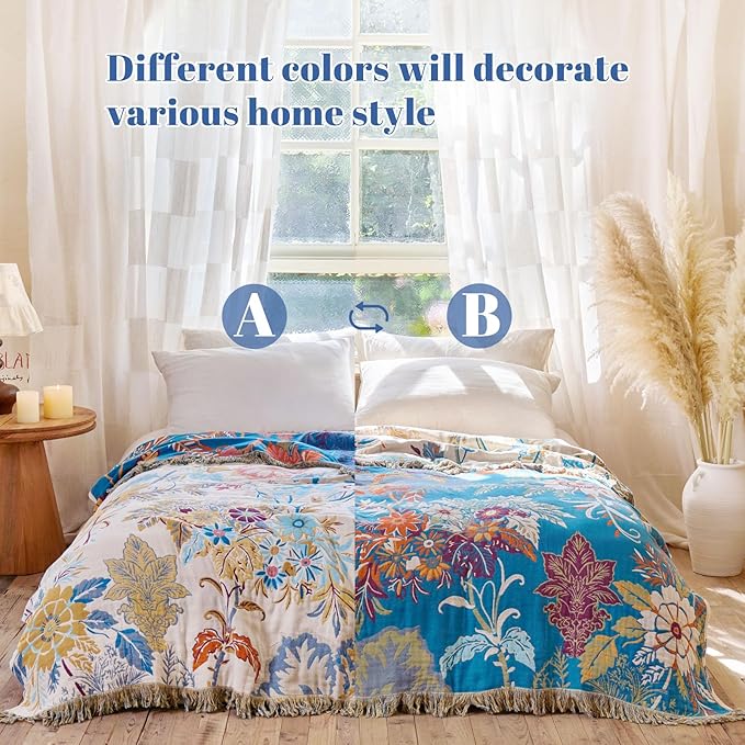 MSGKV Boho Throw Blanket for Couch Cotton Floral Blanket 50"x60" Throws for Sofa Chair Muslin Breathable Lightweight Farmhouse Blankets Home Decor All Seasons