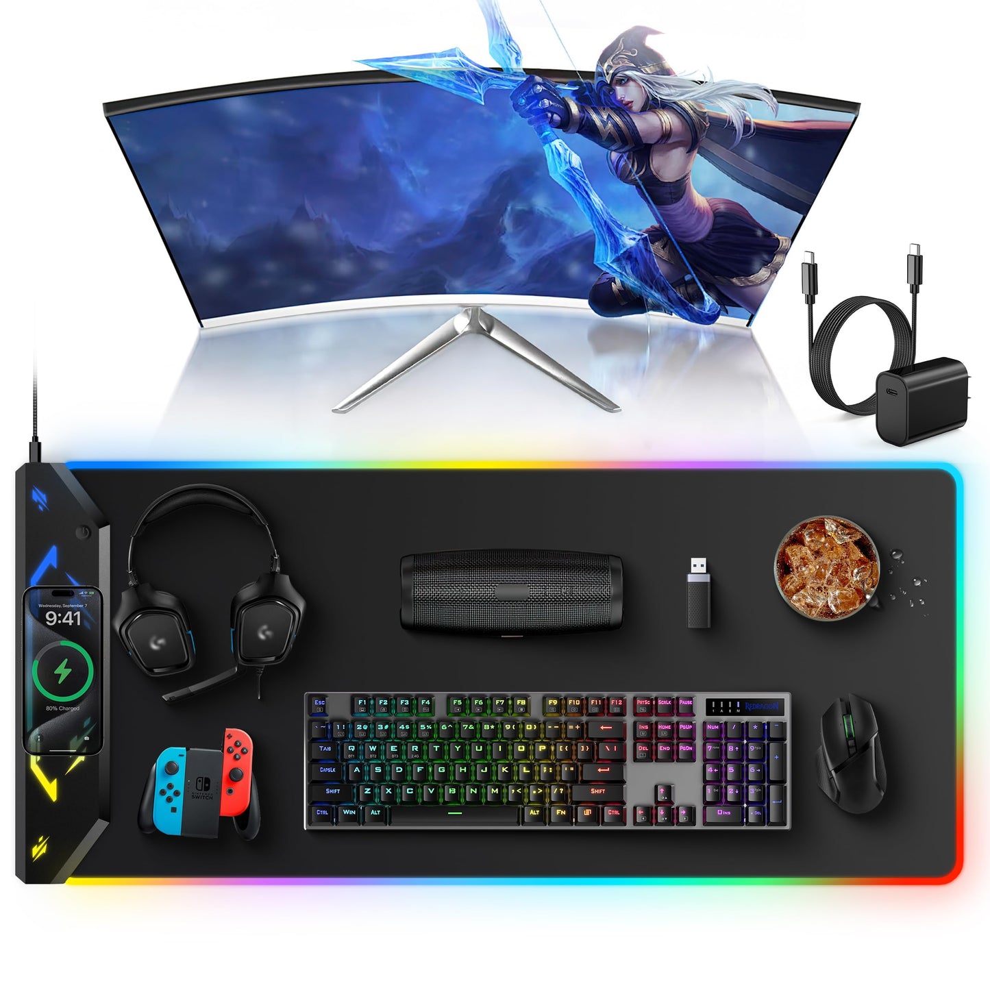 TopMade Wireless Charging Mouse Pad, RGB Gaming Mousepad, 35.4" x 15.8" Extra Large Waterproof Keyboard Desk Pad, Cool Computer Desk Mat, Black (Includes 20W PD Power Adapter & 6.56ft Woven Cable)