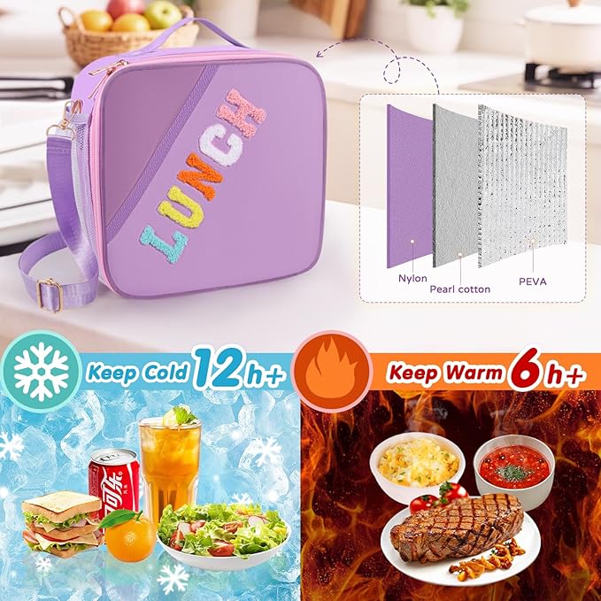 Lunch Bag Kids,Insulated Lunch Bag With Adjustable Shoulder Strap,Reusable Lunch Bag for Kids, Girls,Boys, lunch Bag Women,Preppy Lunch Box for School,Travel, Picnic (purple)