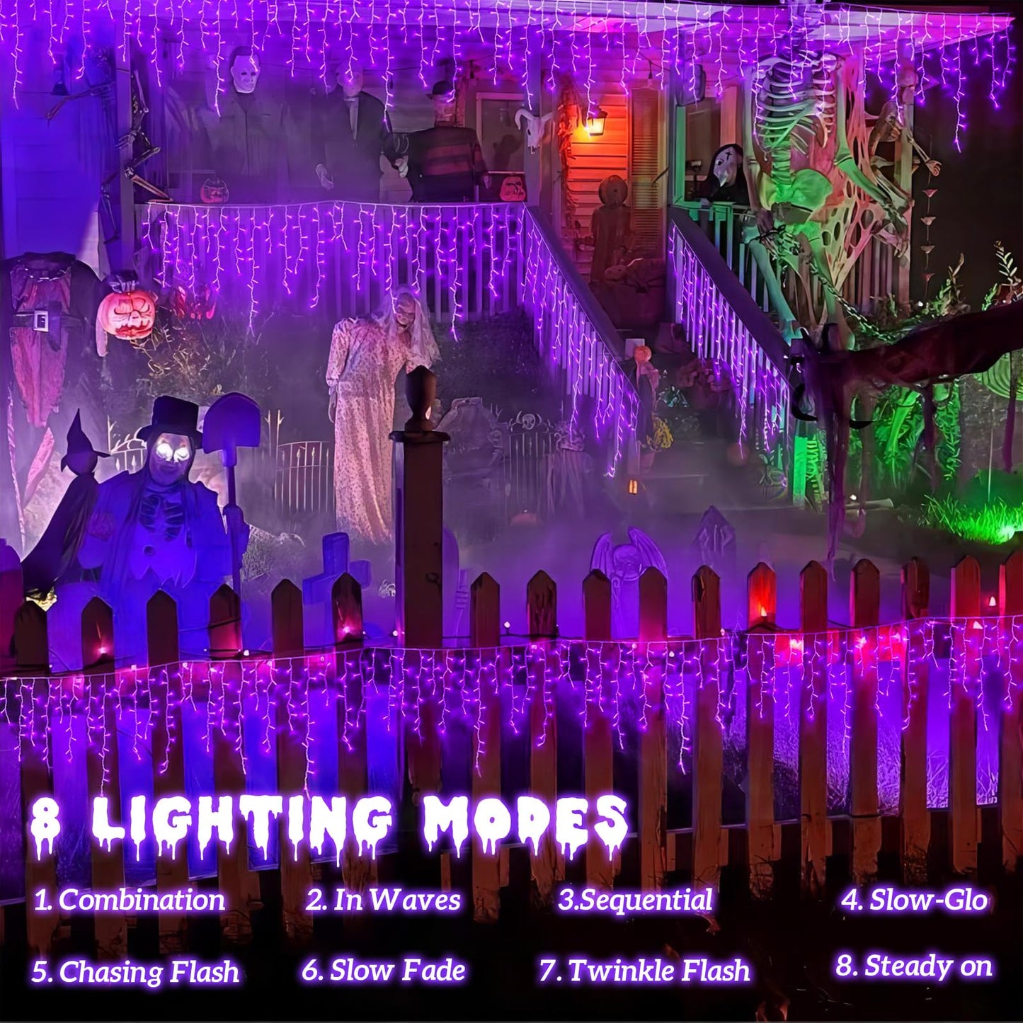 YEGUO 33ft Purple Icicle Christmas Lights, 400 LED, Waterproof, 8 Modes, Model JT-EL/FC300V0200-C