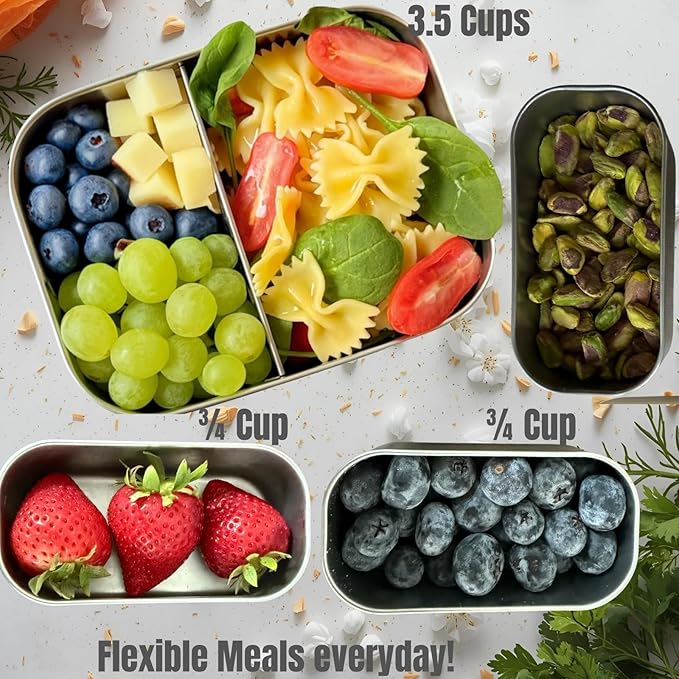 Flexibento - Leak proof Stainless Steel Lunch Box | Stainless steel bento box | Lunch Containers with Lids Meal prep| Snack Containers |Metal lunch Box|Small|1 * 27 oz + 2 * 6.5oz