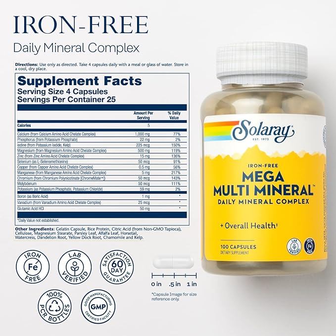 Solaray Mega Multi Mineral No Iron, Vitamin Capsules (076280045147) (100 Capsules, 25 Servings)