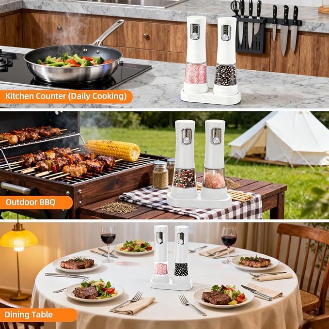 Electric Salt and Pepper Grinder, Rechargeable Automatic Pepper Mill with Base,5-Level Adjustable Coarseness, Display, LED Lighting, Large Capacity-Ideal for Kitchen, BBQ Gifts (1, White-A)