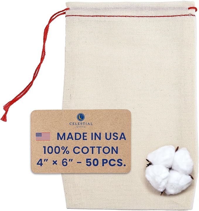 Celestial Gifts Muslin Bags - 100% Cotton Drawstring Bags Medium 50pcs, 4x6 inch, Reusable Tea, Coffee, Jewelry, Gift, Spice Pouch and Sachet Bag - Made in USA - (Red Drawstring)